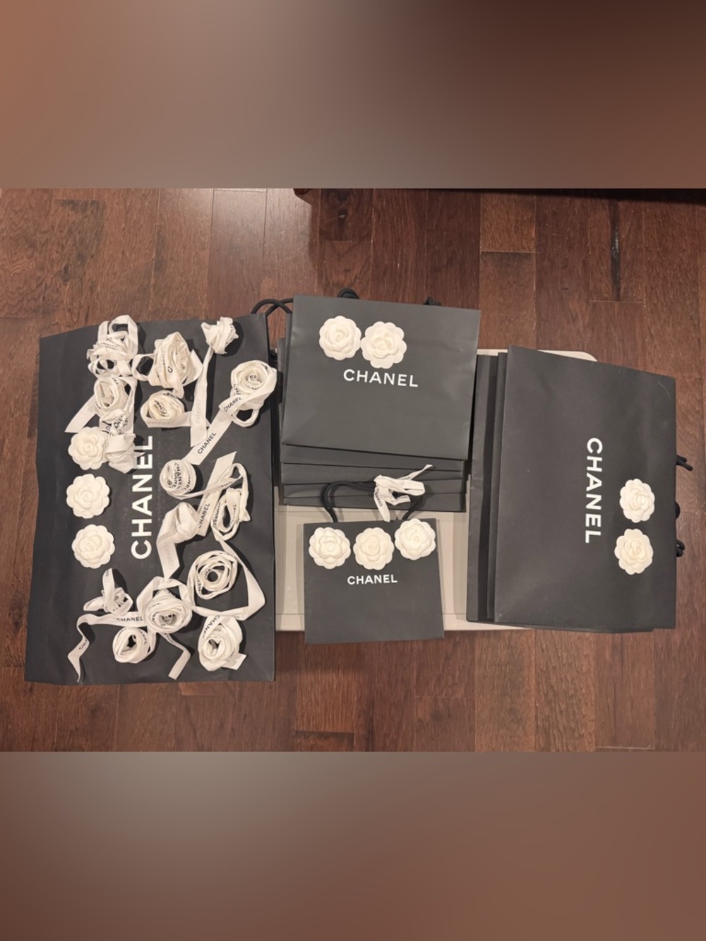 CHANEL Black Shopping Bags, Ribbons, White Camellia Flowers - Multiple Sizes